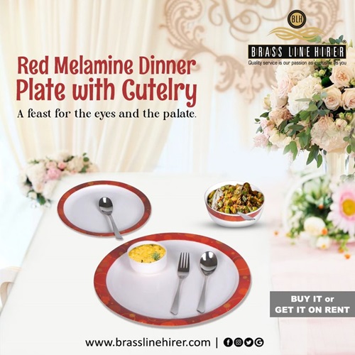 Unveil the artistry of sophisticated dining with #BrassLineHirer Red Melamine Diner Plate with Cutlery✨